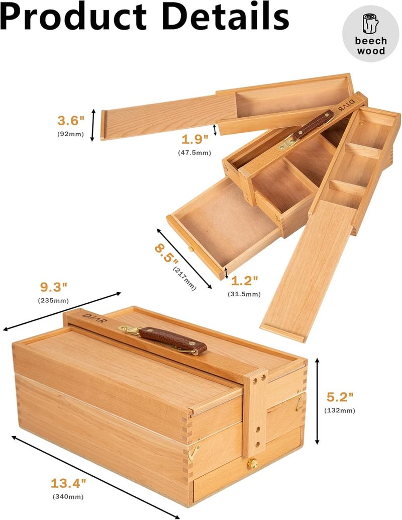Dajar Multi-Function Art Tool Box, Portable Foldable Beech Wood Artist Supply Storage Box for Pastels, Pencils, Pens, Markers, Brushes, Natural - Image 2
